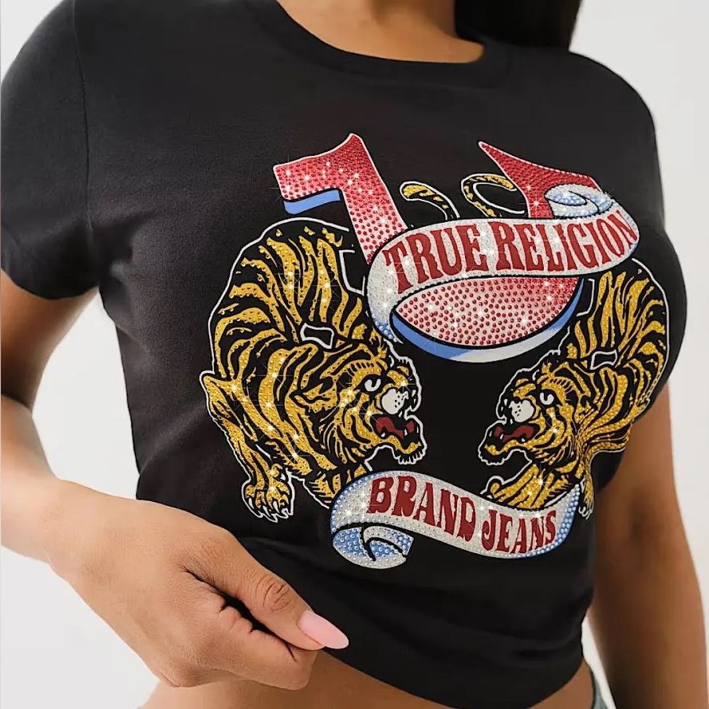True Religion Black Graphic Tee with Gold Tiger Design NWT new XXS crystal